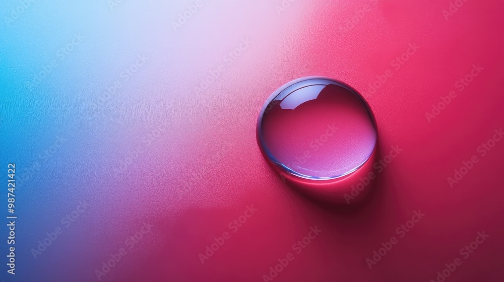 Poster top view of a single water droplet on a colored surface, with ample blank space surrounding it for c