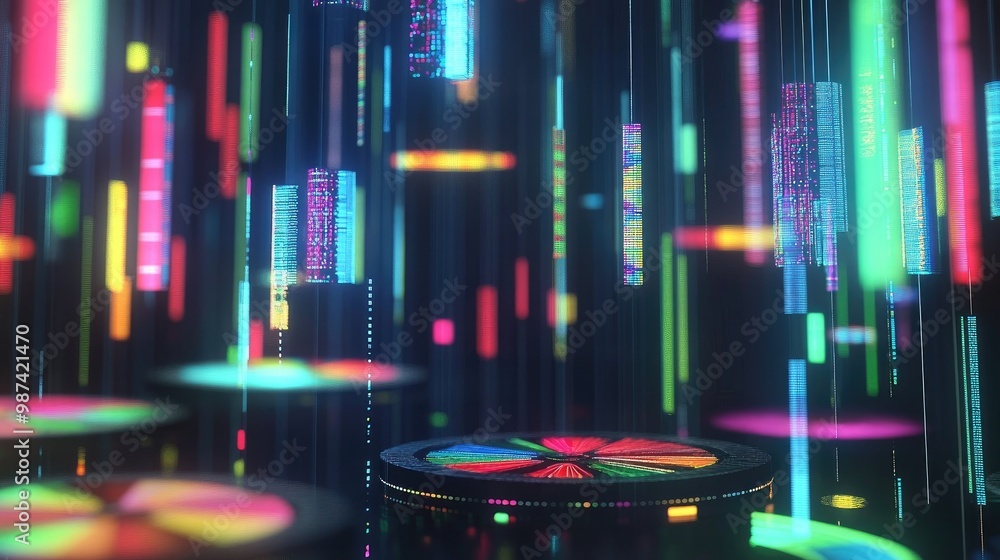 Poster an artistic view of multiple 3d pie charts floating in a virtual space, each chart representing vari