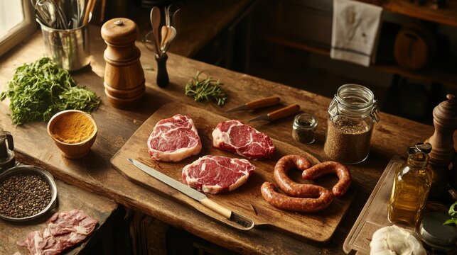 A rustic kitchen countertop with raw meat cuts like steak and sausages alongside spices, marinades, and kitchen tools for meal preparation.