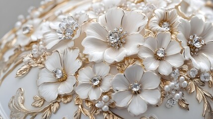 Luxurious Gold Floral Jewelry Art with Shimmering Crystal Accents and Impressionistic Brushwork