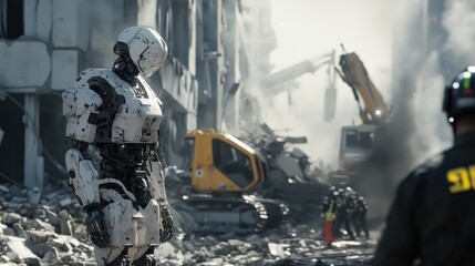 AI robots navigating collapsed buildings, scanning the debris for survivors and providing critical information to rescue crews