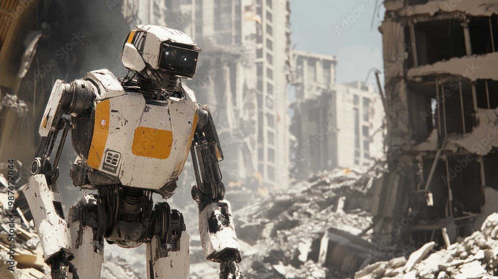 Poster ai robots rescuing individuals trapped in collapsed buildings, using advanced technology to locate a