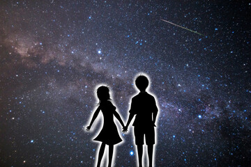 天の川と星空を見上げデートする女性と男性のカップルのシルエット
