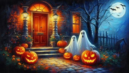 halloween, ghosts, jack-o&rsquo;-lantern, pumpkins, front door