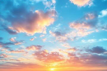 Fototapeta premium Real majestic sunrise sundown sky background with gentle colorful clouds without birds. Panoramic, generative ai