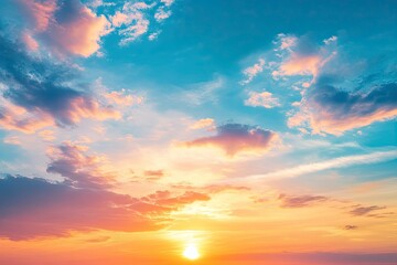 Obraz premium Real majestic sunrise sundown sky background with gentle colorful clouds without birds. Panoramic, generative ai