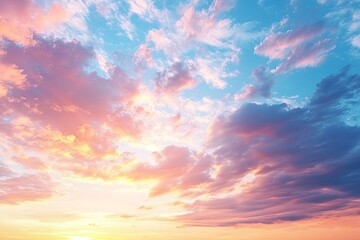 Obraz premium Real majestic sunrise sundown sky background with gentle colorful clouds without birds. Panoramic, generative ai