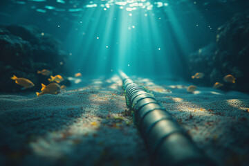 Marine telecommunication cable on a sandy ocean floor