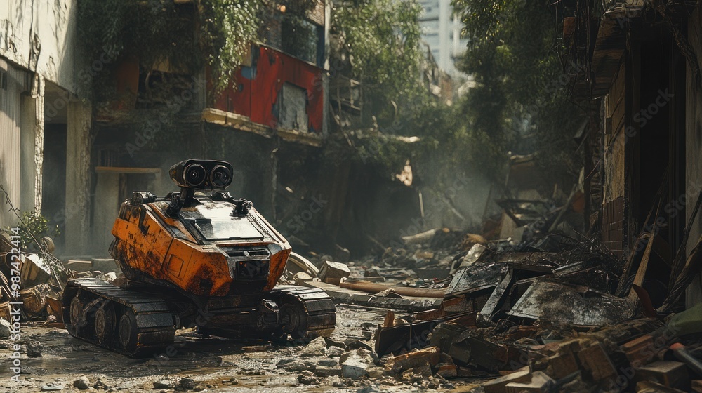 Poster ai robots working with emergency teams in post-disaster scenarios, clearing debris and helping rebui