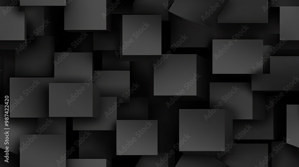 Poster a dark background features an arrangement of geometric blocks in varying sizes, showcasing modern mi