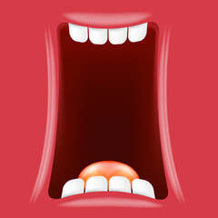 Vector Cartoon wide open mouth isolated on green background. Funny and cute Halloween green Monster open mouth with big white teeth and red tongue