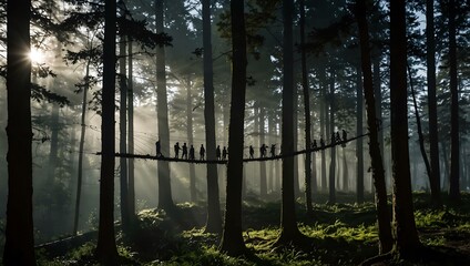 Silhouettes of people on a rope bridge in a forest.