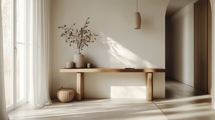 An inviting entryway of a minimalist house, showcasing a simple console table, a few decorative elements, and a bright atmosphere created by ample lighting.