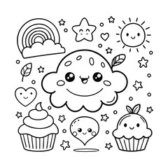Hand drawn doodle kawaii food coloring page for kids and adults