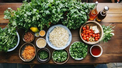 An inviting display of noodles served with an assortment of condiments, such as soy sauce, chili oil, and fresh herbs, encouraging viewers to customize their dish.