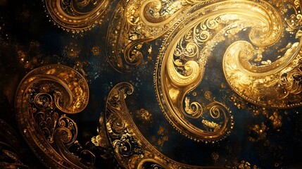 Swirling golden paisley details highlight the deep-toned wallpaper background