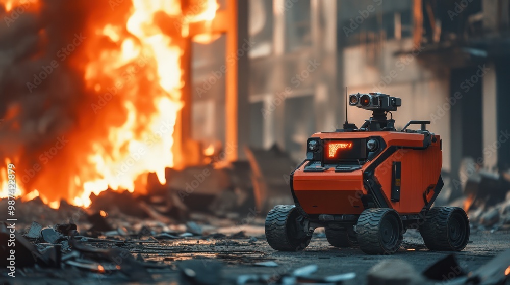 Poster ai-driven robots fighting large-scale fires in urban areas, helping firefighters contain the flames 
