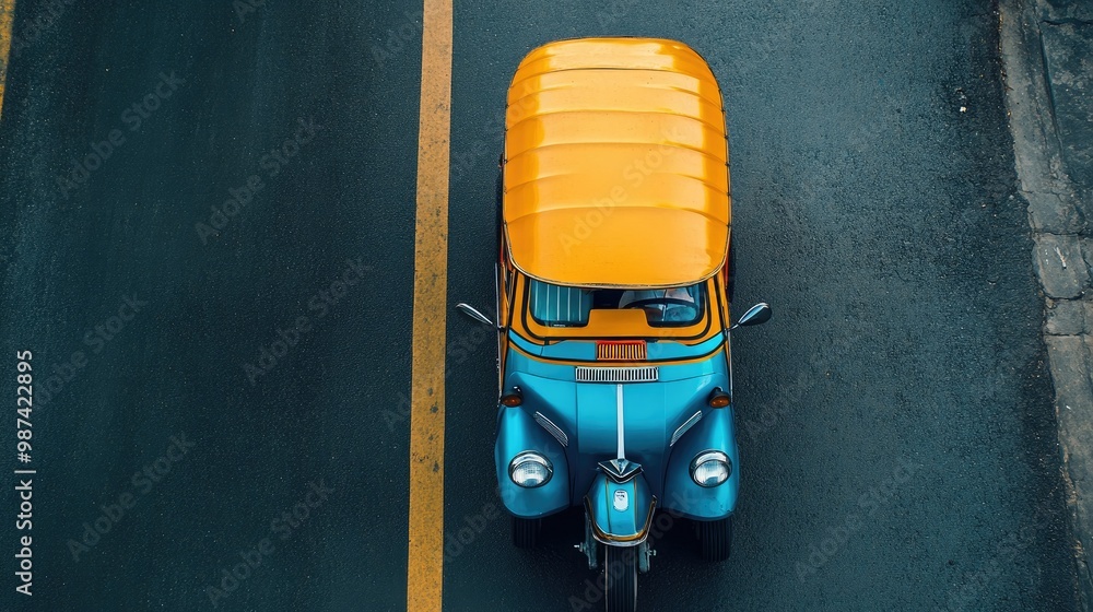 Poster top view of a tuk tuk with a clean, empty road or background, creating a large open area on one side