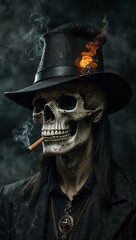 Skull wearing a witch hat and smoking for dark fantasy art.