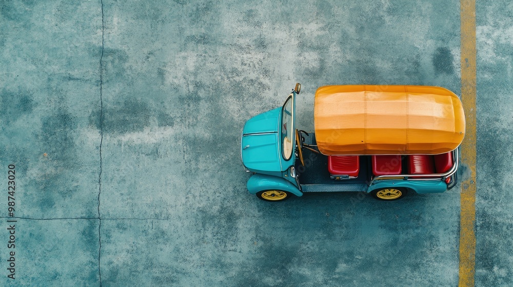 Poster top view of a tuk tuk with a clean urban background, leaving ample space on one side for copy or pro