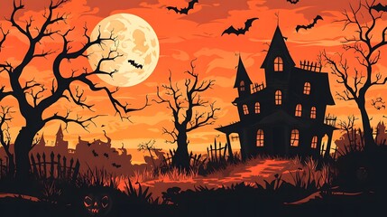 Halloween background with a haunted house, spooky trees