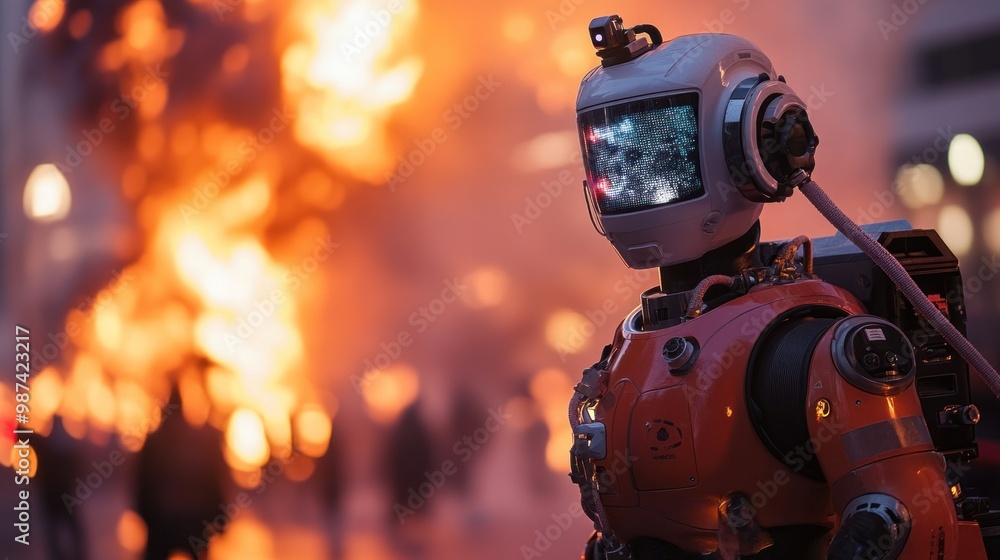 Poster ai-powered fire rescue robots equipped with hoses and extinguishing agents, helping to control and p