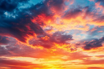 Obraz premium Real majestic sunrise sundown sky background with gentle colorful clouds without birds. Panoramic, generative ai
