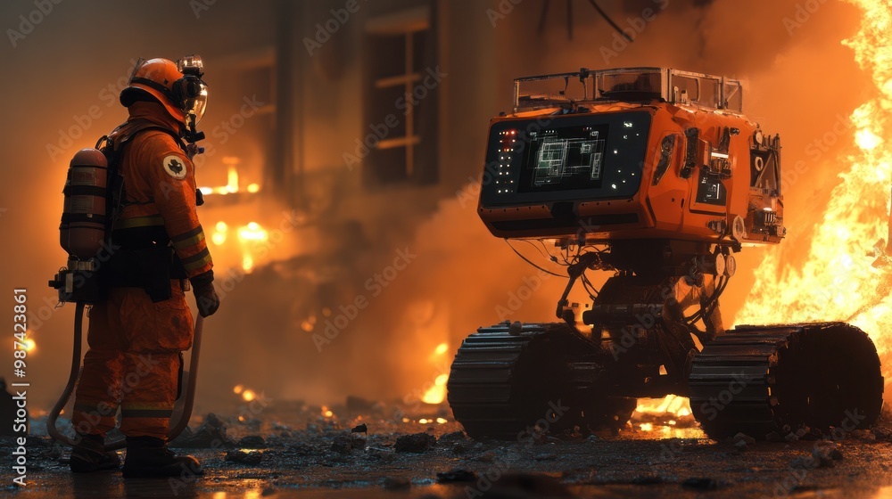 Poster ai-powered firefighting robots using advanced technology to enter burning buildings, extinguishing f