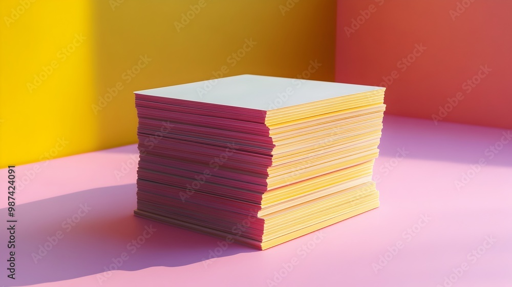 Poster meticulously arranged stack of colorful index cards with minimalist scandinavian styling