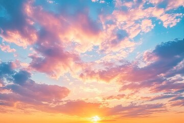 Obraz premium Real majestic sunrise sundown sky background with gentle colorful clouds without birds. Panoramic, generative ai