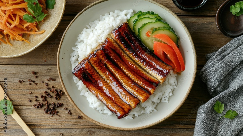 Wall mural Top view of grilled Japanese eel with glossy teriyaki sauce on a white plate, served with rice and pickled vegetables, isolated on a wooden table.