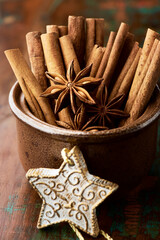 Christmas decoration on rustic wooden background. Close up.	