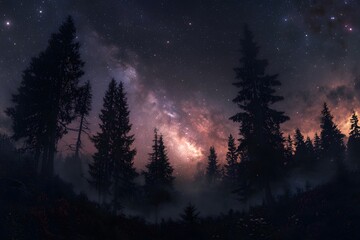 Fototapeta premium night sky in the forest full of galaxies, stars and nebula 