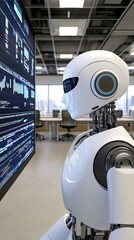 A humanoid robot adorned in sleek black and white attire explores holographic screens filled with cosmic imagery, surrounded by an abstract, metallic environment