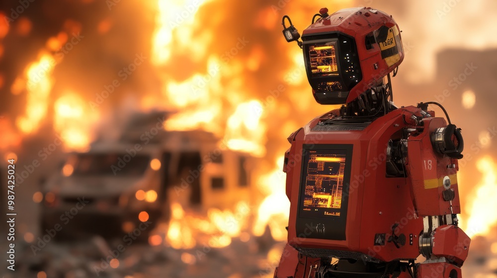 Poster ai-powered robots assisting fire departments in disaster areas, equipped with thermal sensors to tar