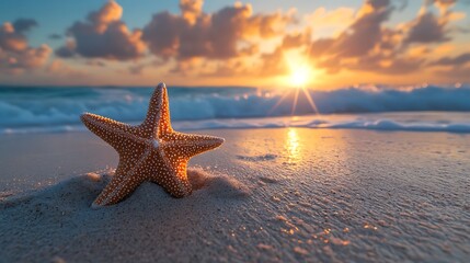 Fototapeta na wymiar A starfish sits on a sandy beach at sunset with the ocean waves crashing behind it.