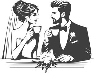 Wedding husband and wife are sitting at the table and drinking coffee silhouette vector design