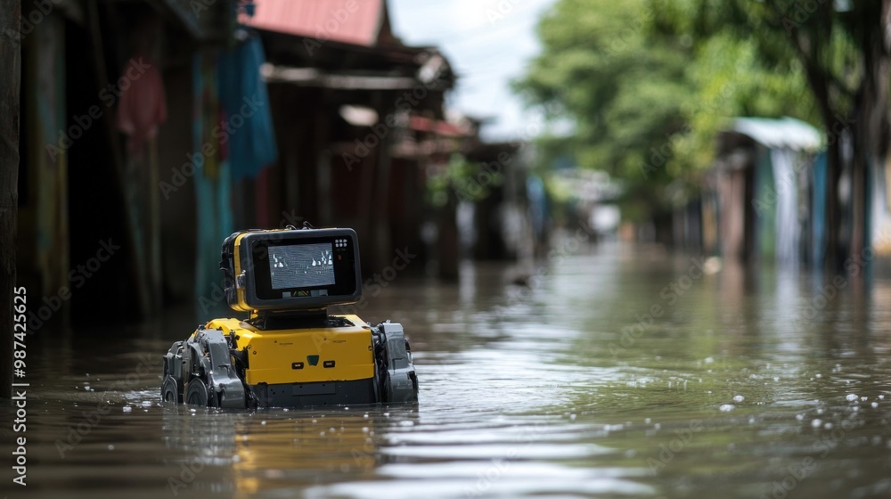 Poster ai-powered robots in flood rescue operations, wading through dangerous waters to help survivors and 