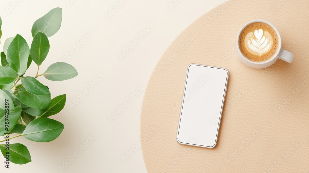 Aufkleber a close up of a minimalist coffee table with a single smartphone and a cup of coffee, creating a mod