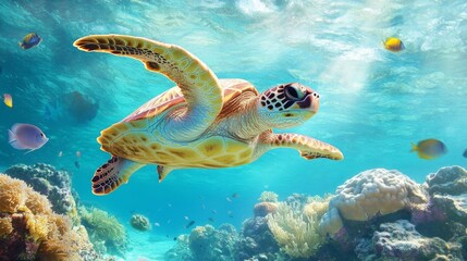Obraz premium A sea turtle gracefully swimming in crystal-clear turquoise waters, with colorful coral reefs and schools of fish in the background.