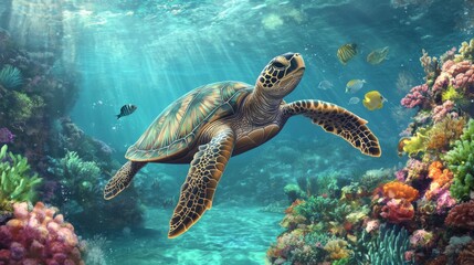 Obraz premium A sea turtle gracefully swimming in crystal-clear turquoise waters, with colorful coral reefs and schools of fish in the background.