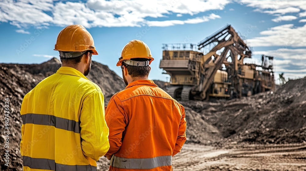 Poster two engineers in discussion on-site with machinery in the background and open sky above for text pla