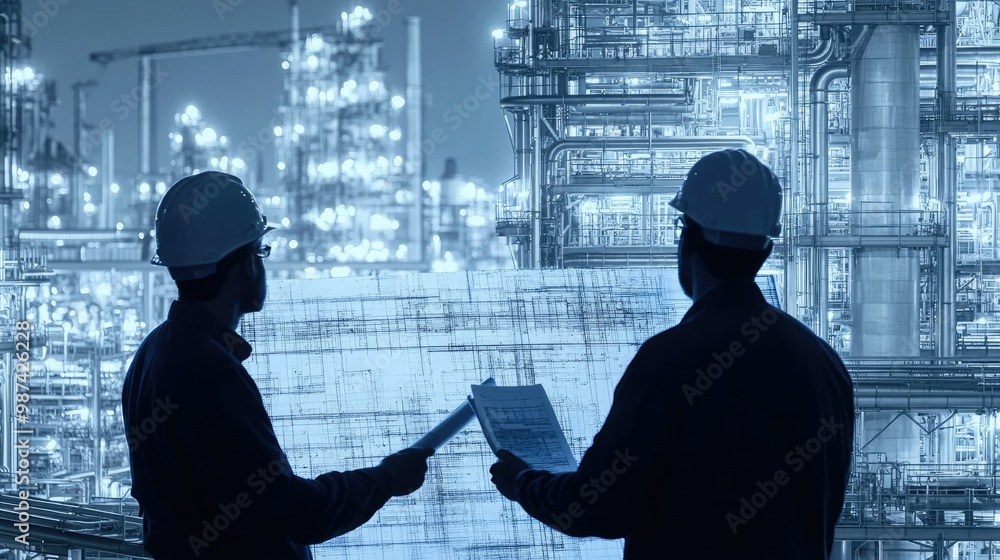 Poster two engineers reviewing a blueprint with a large industrial backdrop and space for copy.
