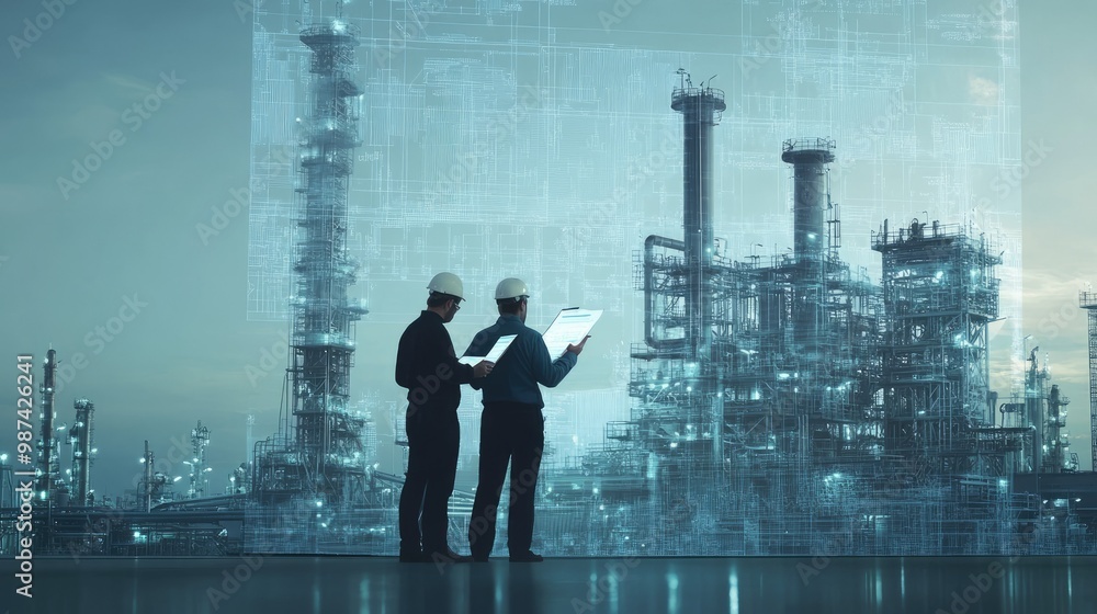 Poster two engineers reviewing a blueprint with a large industrial backdrop and space for copy.