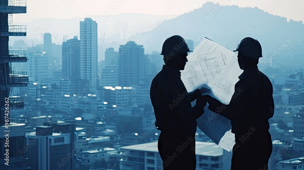 Poster two engineers reviewing a blueprint with a large industrial backdrop and space for copy.