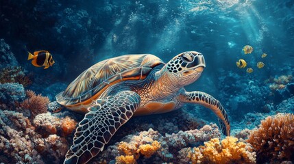 Fototapeta premium A sea turtle resting on a coral bed with a small school of fish swimming around it, capturing the harmony and beauty of underwater marine ecosystems.
