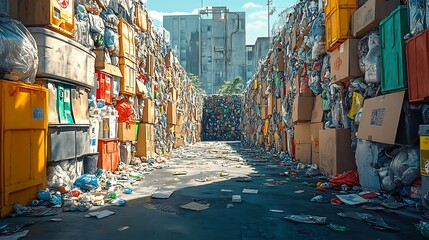 Fototapeta premium A narrow alleyway lined with towering piles of trash and recycling. The path leads towards a wall of compacted garbage, with a glimpse of an urban cityscape in the distance.