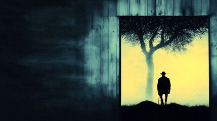 Fototapeta premium Silhouetted man walks towards a tree in the fog.