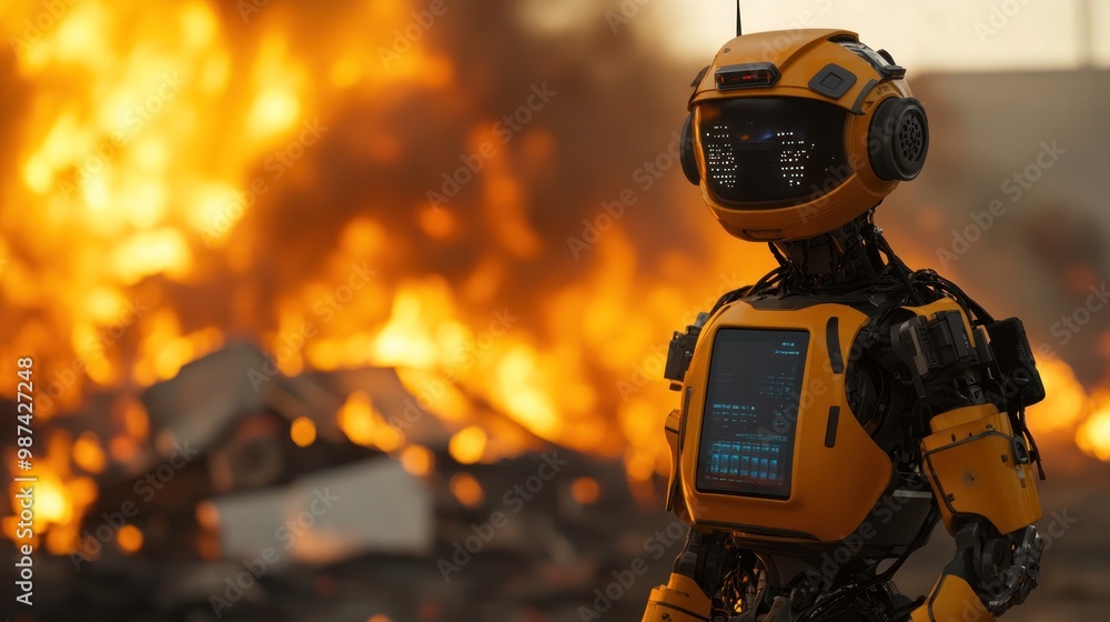 Poster ai-powered robots rushing into disaster zones, assisting humans with rescue operations in areas affe