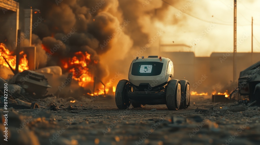 Poster ai-powered robots rushing into disaster zones, assisting humans with rescue operations in areas affe